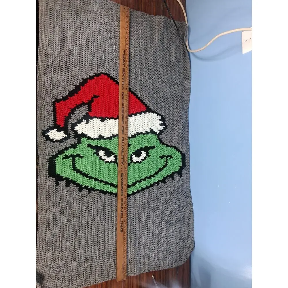 Handmade Crocheted Grinch Blanket 48 × 28 Green Grey Christmas Playful Winter